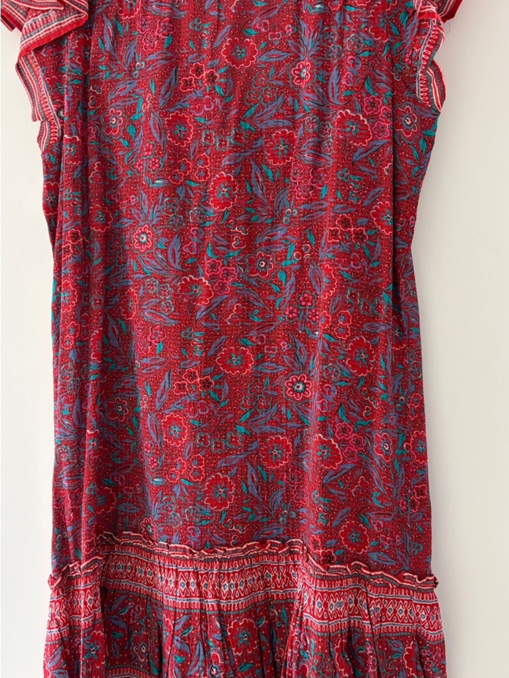 Veronica Beard Red Floral Midi Dress with Teal Accents
